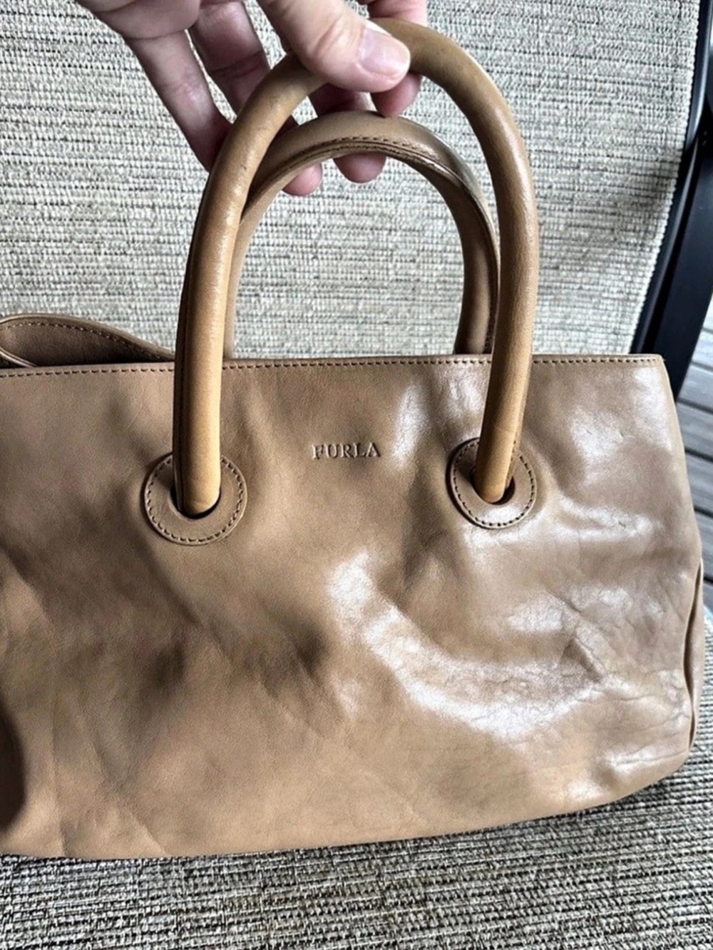 Vintage Furla Tan Leather Top Handle Tote Bag Satchel Made In Italy